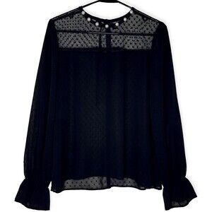 Muveil Womens Blouse Medium 38 Black Pearl Ruffled Balloon Sleeve Sheer Japanese